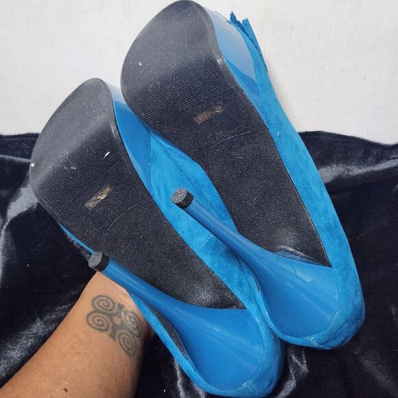 Dark Teal Blue Open Toe Platform Bow Heels Size 7.5 - Picture 7 of 7